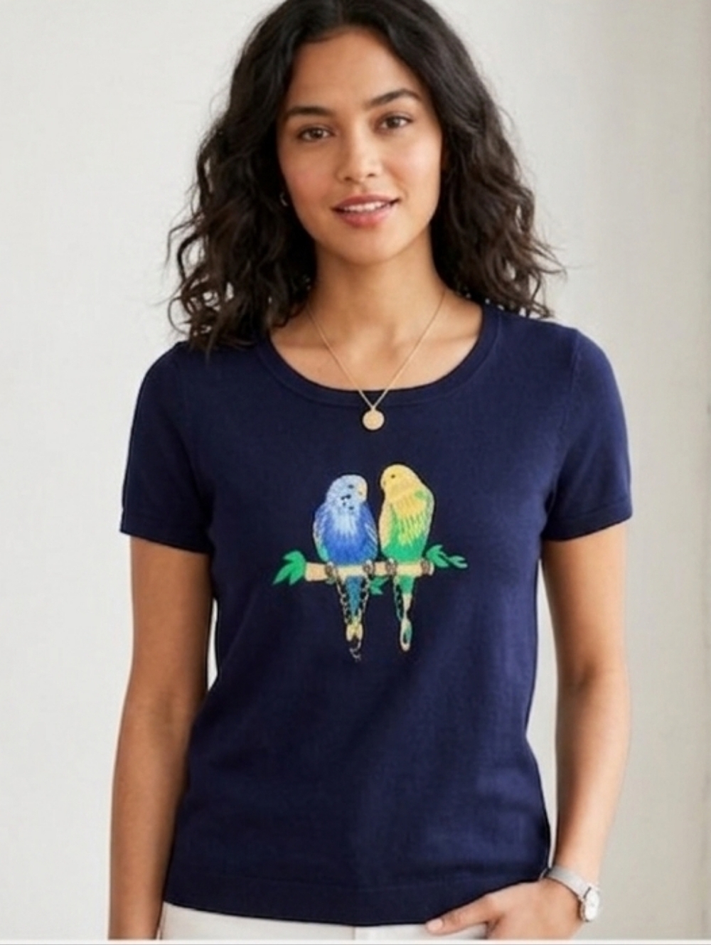 Talbots Navy Tee with Blue and Yellow Budgie Embroidery Cotton